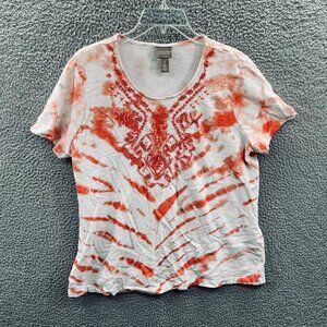 Chicos Womens Top 2 Large White Orange 100% Cotton Embellished Pullover Shirt